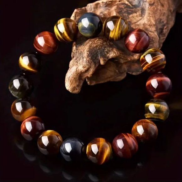 10mm Polished Natural Colorful Tiger Eye Stone Bead Stretch Bracelet - Picture 2 of 6